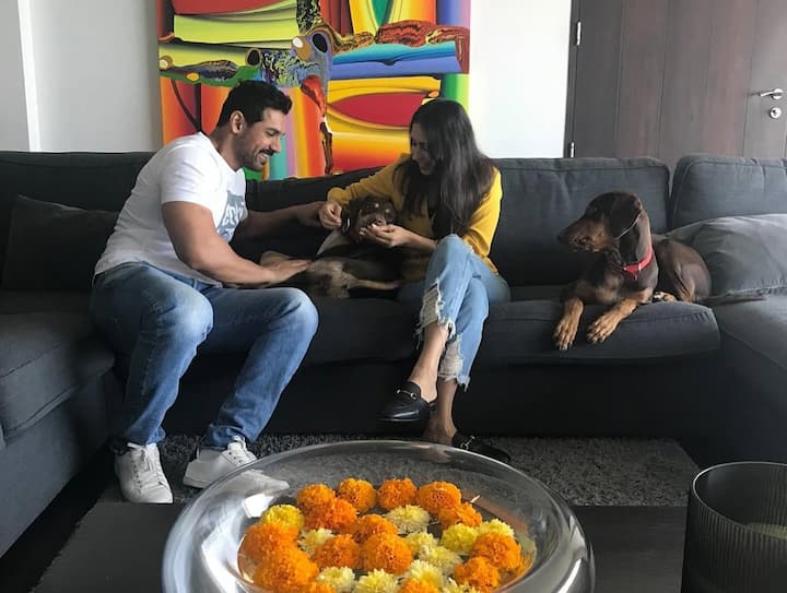 ये जॉन अब्राहम के पेंटहाउस का लिविंग एरिया है. जहां ग्रे शेड के सोफे लगे हैं और दीवार पर सुंदर सी पेंटिंग्स भी लगाई गई है.