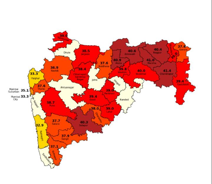 गेल्या चार दिवसांपासून सोलापुरात 40 डिग्री सेल्सिअस तापमान आहे .विदर्भात बहुतांश भागात कमाल तापमानाने चाळीशी ओलांडली आहे . ( या नकाशात आजचे (16 मार्च) तापमान पाहता येईल)