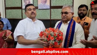 Dilip Ghosh meeting with Suvendu Adhikari at WB assembly after attending Court which was filed by TMC on Contai Incident Dilip-Suvendu: ১৯-র তৃণমূলের দায়ের করা মামলায় হাজিরা, বিধানসভায় শুভেন্দুর পাশে বসে বৈঠক দিলীপের !