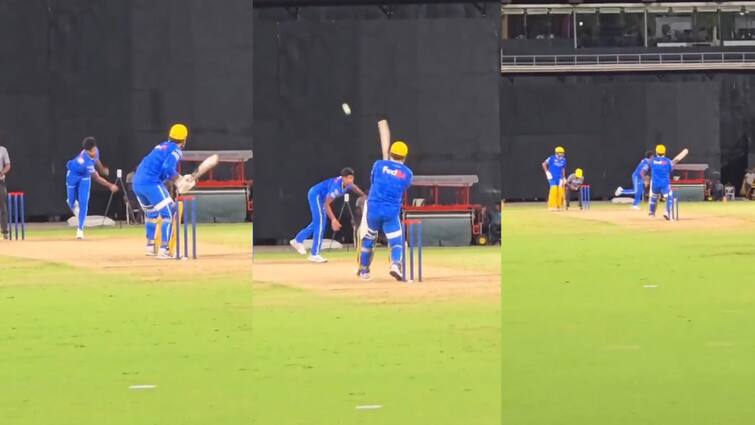 Ms Dhoni hits vintage helicopter shot matheesha pathirana chennai super kings practice game chepauk ipl 2025 Ms Dhoni: வயசானாலும் மாறாத ஸ்டைல்... தோனியின் ஹெலிகாப்டர் ஷாட்.. ஷாக்காகி பார்த்த பதிரானா