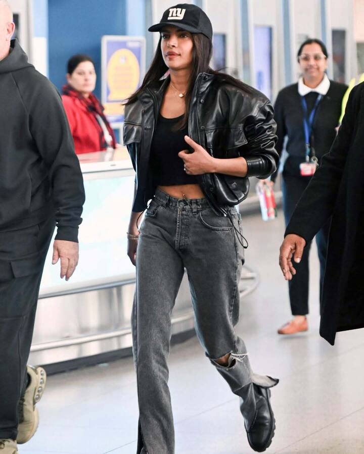 Priyanka completed her look with a chic black leather bomber jacket, which had a raised collar, drop shoulder design, and oversized silhouette.