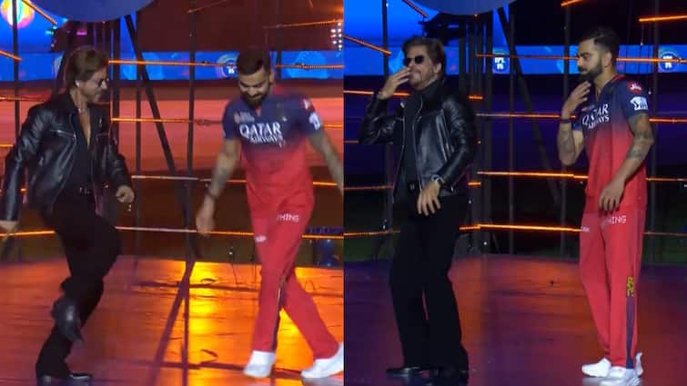 ipl 2025 virat kohli dance with shahrukh khan on jhoome jo pathan song watch video Watch: शाहरुख़ खान ने विराट कोहली से करवाया डांस, 'झूमे जो पठान' गाने पर किंग कोहली ने दी SRK को टक्कर