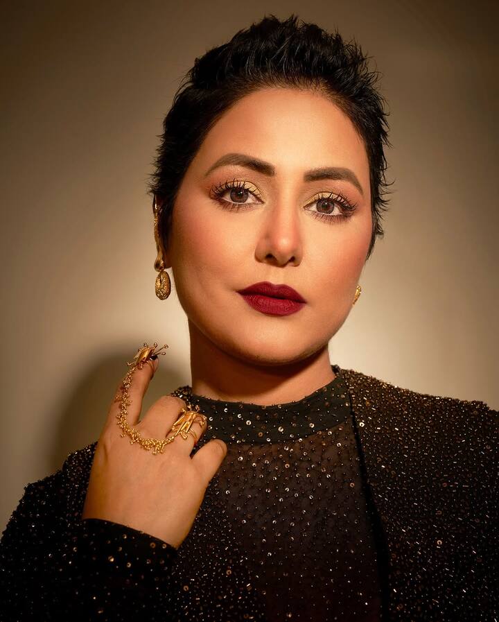 Hina posed with confidence in every picture. The actress has completed her look with glossy makeup, shimari eyes and dark lipstick.