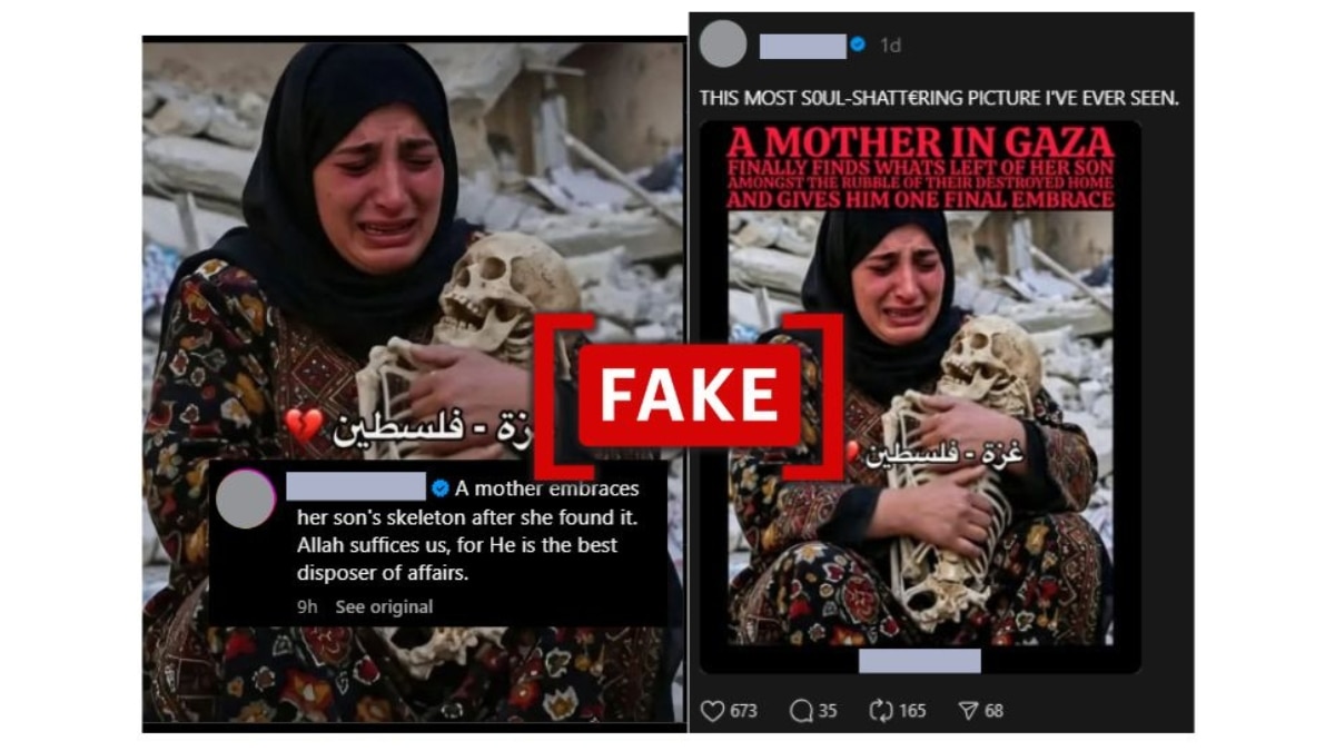 Fact Check: This Viral Image Of 'Gazan Woman Holding Child's Remains' Is Fake Screenshots of similar viral social media posts. (Source: Instagram/Threads/Modified by Logically Facts)