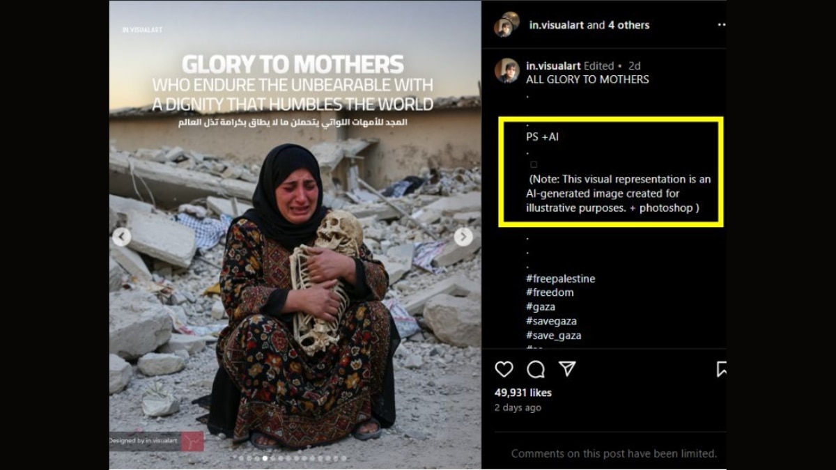 Fact Check: This Viral Image Of 'Gazan Woman Holding Child's Remains' Is Fake Screenshot of the original Instagram post. (Source: in.visualart/Instagram/Modified by Logically Facts)
