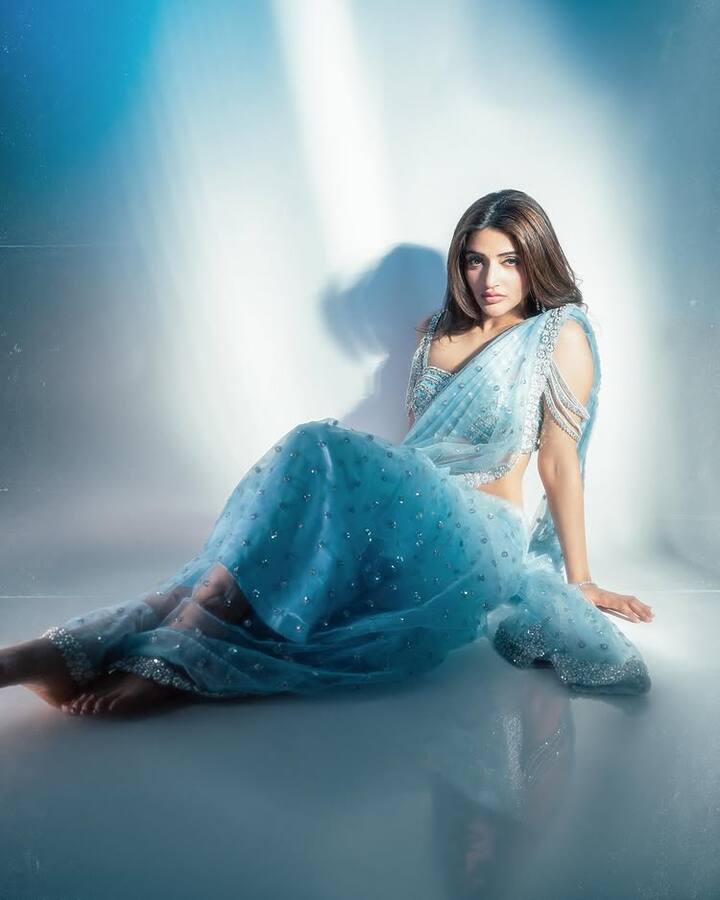 તાજેતરમાં તેણીએ સાડીમાં પોતાના ફોટા શેર કર્યા છે જેના પરથી ચાહકો તેમની નજર હટાવી શકતા નથી. શ્રીલીલા સ્કાય બ્લૂ નેટ સાડીમાં ખૂબ જ સુંદર લાગે છે.