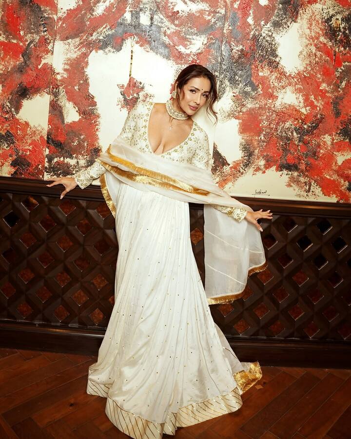 The full-sleeve ivory blouse features a plunging V-neckline, adding a contemporary flair to the otherwise traditional design.