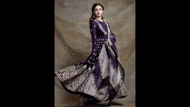 6. Deep Purple Anarkali: The stunning deep purple Anarkali worn by Alia Bhatt exuded royalty. The flowing silhouette had delicate detailing on the bodice. She wore a matching dupatta with her ensemble that added a touch of elegance, making it a perfect choice for festivities. (Image Source: Pinterest/feminaindiaofficial)
