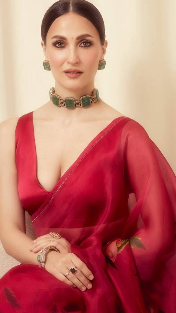 Elli AvrRam Makes A Breathtaking Appearance In Vibrant Red Saree