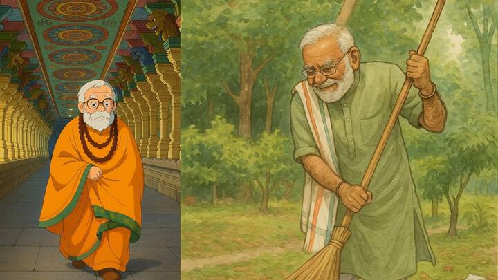 பிரதமர் நரேந்திர மோடி திருச்சியில் உள்ள புகழ்பெற்ற ஸ்ரீரங்கம் கோயிலில் ரங்கநாதரை தரிசனம் செய்ய சென்றபோது எடுக்கப்பட்ட புகைப்பட்டம் மற்றும் ஸ்வச் பாரத் திட்டத்தை ஊக்குவிக்கும் வகையில் அவர் சுத்தம் செய்யும் புகைப்படம்... ஜிப்ளி ட்ரெண்டில