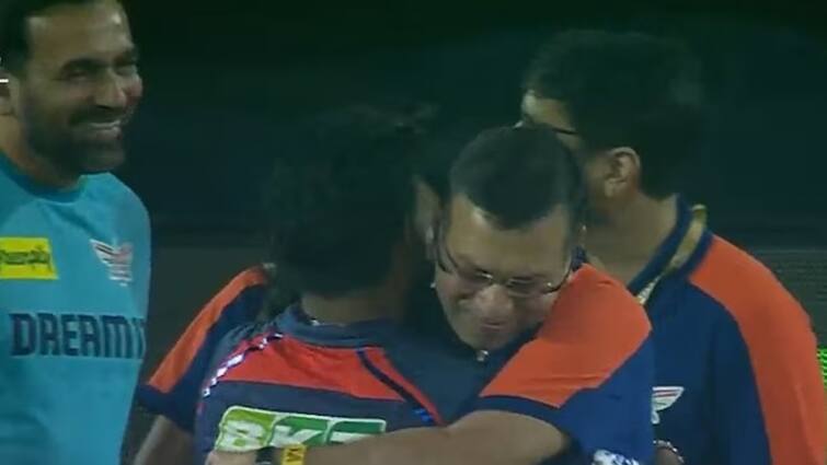 LSG owner Sanjiv Goenka hugs Rishabh Pant in joy after Hyderabad win IPL 2025 latest sports news SRH पर जीत के बाद खुशी से झूम उठे LSG के ऑनर संजीव गोयनका, फिर ऋषभ पंत को...