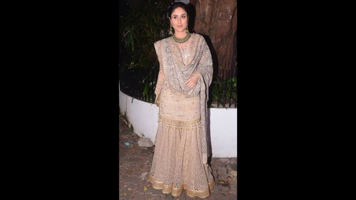 4. Heavily Embellished Suit Look: Kareena Kapoor radiated sophistication in an intricately and heavily embroidered sharara look. The rich detailing on the outfit was complemented with a sheer dupatta that enhanced the regal appeal. This heavy look is a stunning pick for family gatherings and Eid celebrations. (Image Source: Pinterest/kalpanapadhi9)