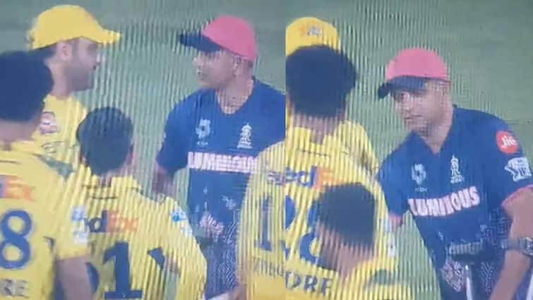 ms dhoni meets rahul dravid after rr vs csk match injured rahul dravid on crutches video ipl 2025 एमएस धोनी ने दिखाई दरियादिली, बैसाखी का सहारा लेने को मजबूर राहुल द्रविड़ का हाल जानने पहुंचे; देखें वीडियो