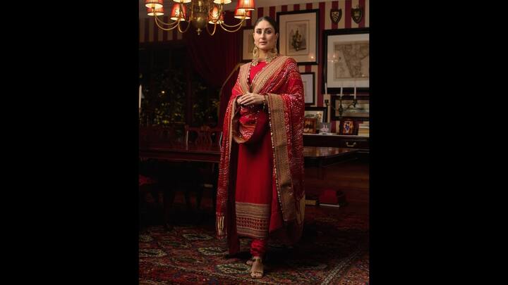 5. Bold Red Look: Draped in a deep red Anarkali, Kareena Kapoor epitomised a royal charm. The bold outfit had luxurious gold detailing on the dupatta and hemline the enhanced its grandeur. The actress completed her look with traditional and statement jewellery that created a timeless appeal. (Image Source: Instagram/@kareenakapoorkhan)