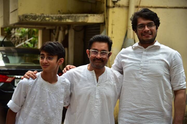 Eid 2025: Aamir Khan Poses With Junaid And Aazad, Salman Khan Greets Fans With Neice Ayat On Her Side. See Pics he father and son's trio were seen twinning in white as they faced the camera together.