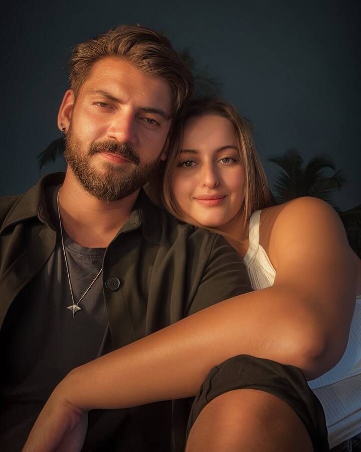 Zaheer complemented Sonakshi’s look with an intricately embroidered sherwani, paired with a printed shirt and plain trousers.