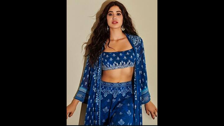 7. Janhvi Kapoor: Janhvi Kapoor wore a three piece attire that featured palazzo pant, blouse, and a long jacket. The relaxed silhouette and ethnic charm made the outfit ideal for festive occasions. The actress created a bohomian vibe with her blue ensemble. (Image Source: Pinterest/karunyasangepu7225)
