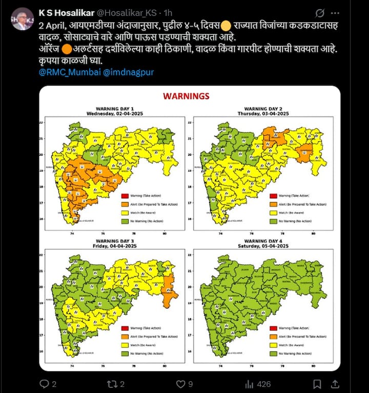 पुणे हवामान विभागाचे प्रमुख के एस कुसाळकर यांनी येत्या चार ते पाच दिवसात वादळी वाऱ्यासह पाऊस आणि गारपिटीचा अंदाज दिलाय .