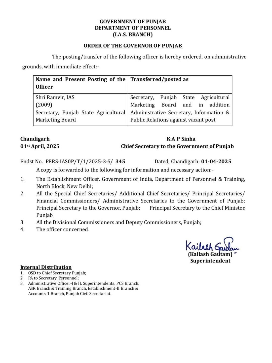 Punjab News: ਪੰਜਾਬ 'ਚ ਵੱਡਾ ਪ੍ਰਸ਼ਾਸਨਿਕ ਫੇਰ ਬਦਲ, ਲੋਕ ਸੰਪਰਕ ਵਿਭਾਗ 'ਚ ਸੀਨੀਅਰ IAS ਰਾਮਵੀਰ ਨੂੰ ਸੌਂਪੀ ਗਈ ਵੱਡੀ ਜ਼ਿੰਮੇਵਾਰੀ