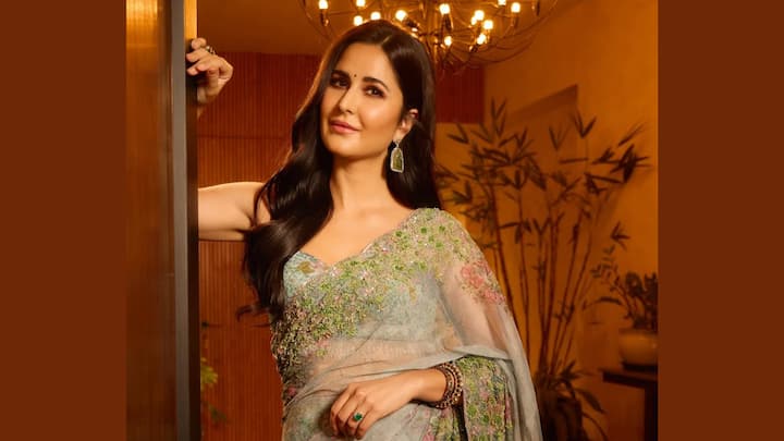 Katrina Kaif exudes timeless elegance in this pastel emerald green saree that drips with floral embroidery and sequins. Draped in a sleeveless blouse and embellished with details, dewy makeup enhanced her divine charm, perfect for a Navratri look. (Image Source: Instagram/ katrinakaif)
