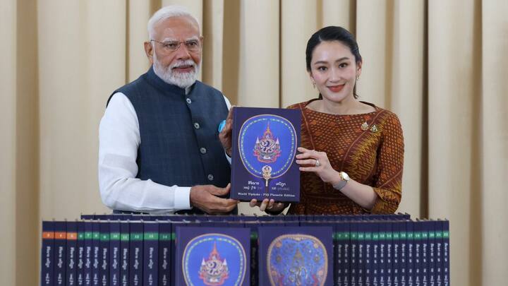 Thai PM Shinawatra presented the 'Pali Tipitaka' to PM Modi during his visit. 
