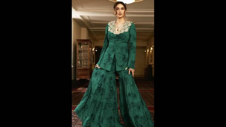 3. Aditi Rao Hydari: Aditi Rao Hydari wore a striking green gharara set that featured a fitted blazer and flared pants. The outfit had embroidery detailing around the neck that gave a unique touch to the actress. She paired her look with a matching statement necklace for a regal vibe. (Image Source: Pinterest/ramikaur35)