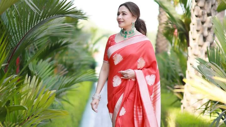 Madhuri Dixit sparkled in a red saree that was designed with golden floral motifs, worn with a corresponding blouse. Her bold green neckpiece adds just the right touch to the overall look, creating an excellent fusion of tradition and allure. (Image Source: Instagram/ madhuridixitnene)