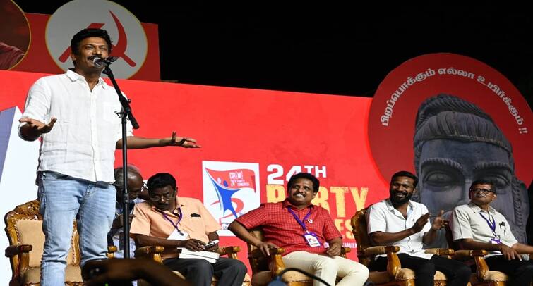 Director Samuthirakani speech Who gets scared when they see the color red tnn Madurai: சிவப்பு நிறத்தை பார்த்தால் யாருக்கு பீதி வரும்.. இயக்குநர் சமுத்திரகனி விளக்கம்