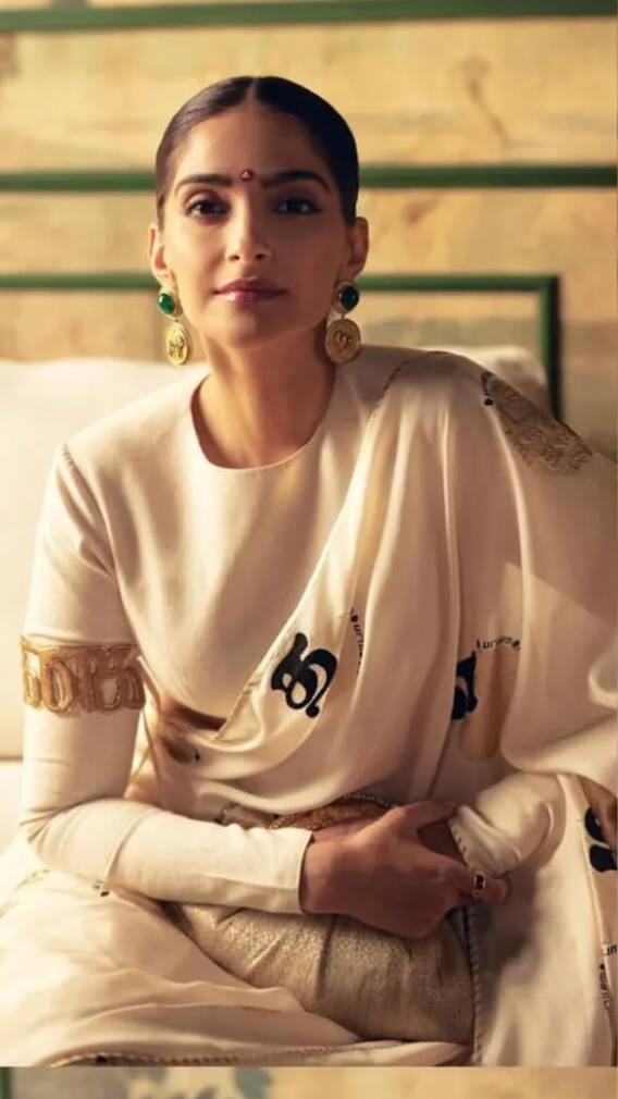 Sonam Kapoor Gracefully Dons An Off-White Saree By Masaba Gupta