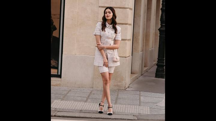 4. Chic Co-Ord Set: Ananya Pandey wore a tailored co-ord set that had checkered patterns all over it. The chic outfit featured matching shorts and a buttoned top. The actress paired her modern outfit with stunning footwear and a beige sling bag. (Image Source: Instagram/@ananyapanday)