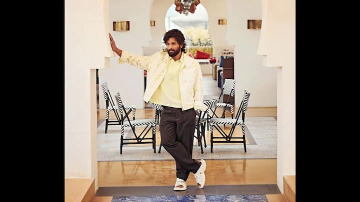 8. Effortless Elegance: Allu Arjun wore a laid back yet stylish look which featured a pastel green shirt, printed off white jacket, and relaxed black trousers. He paired his look with a chunky white footwear which added a sporty edge. His outfit perfectly blended comfort with a contemporary flair. (Image Source: Pinterest/@SumayaJerin10)