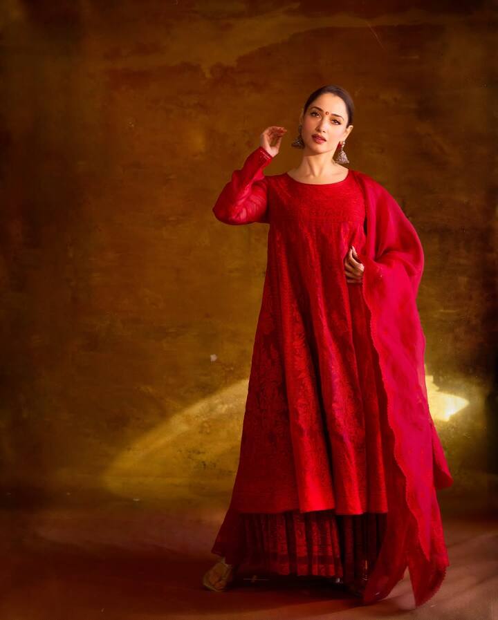 The trailer launch event took place in Mumbai, where Tamannaah stole the show in a red chikankari anarkali suit.