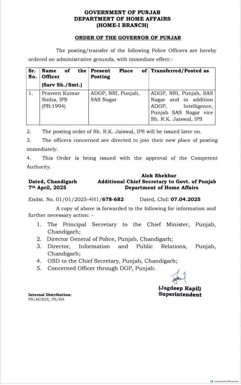 Punjab News: ਇੰਟੈਲੀਜੈਂਸ ਨੂੰ ਮਿਲਿਆ ਨਵਾਂ ਚੀਫ਼! ਇਸ IPS ਅਫਸਰ ਦੇ ਹੱਥ ਦਿੱਤੀ ਗਈ ਕਮਾਨ, ਪੰਜਾਬ ਸਰਕਾਰ ਵੱਲੋਂ ਨੋਟੀਫਿਕੇਸ਼ਨ ਜਾਰੀ