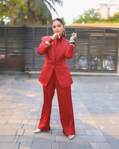 Rubina Dilaik Looks 'Red & Anxious' In A Stylish Pantsuit, Pics