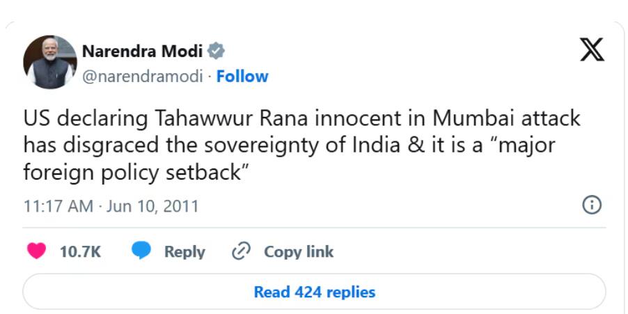 PM ਮੋਦੀ ਨੇ 2011 'ਚ ਤਹੱਵੁਰ ਰਾਣਾ ਬਾਰੇ ਅਜਿਹਾ ਕੀ ਲਿਖਿਆ, ਹਰ ਥਾਂ 'ਤੇ ਹੋ ਰਹੀ ਚਰਚਾ, ਪੋਸਟ ਹੋ ਗਈ ਵਾਇਰਲ