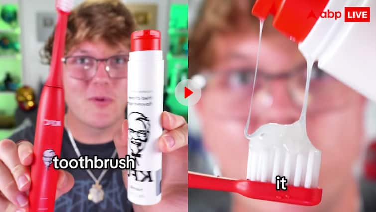 KFC has partnered with HiSmile to create fried chicken flavored toothpaste video goes viral फ्राइड चिकन के स्वाद वाला टूथपेस्ट बेच रहा KFC! यूजर्स बोले, चिकन बेचकर पैसे पूरे नहीं पड़ रहे क्या?