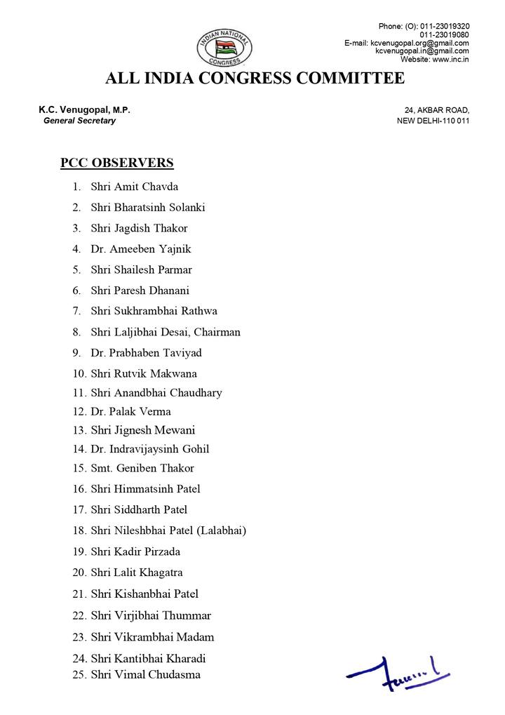 રાષ્ટ્રીય કોંગ્રેસ દ્વારા જિલ્લા પ્રમુખોની નિમણૂક માટે ૪૩ ઓલ ઇન્ડિયા કોંગ્રેસ કમિટી (AICC)ના નિરીક્ષકોની નિમણૂક કરવામાં આવી છે.
