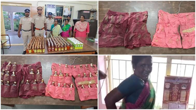 Women arrested for carrying liquor bottles hidden in sarees from Puducherry to gingee tnn எப்படி எல்லாம் யோசிக்கிறாங்க ! புடவைக்குள் வைத்து புதுச்சேரி மது பாட்டில்கள் கடத்தல்