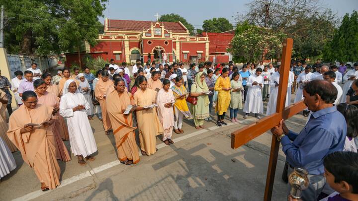 At Prayagraj's St. Joseph's Cathedral Church, local Christians offered prayers during a Good Friday mass. These processions prioritise remembrance and reverence over celebration because they are solemn occasions rather than celebratory ones. (Image Source: PTI)