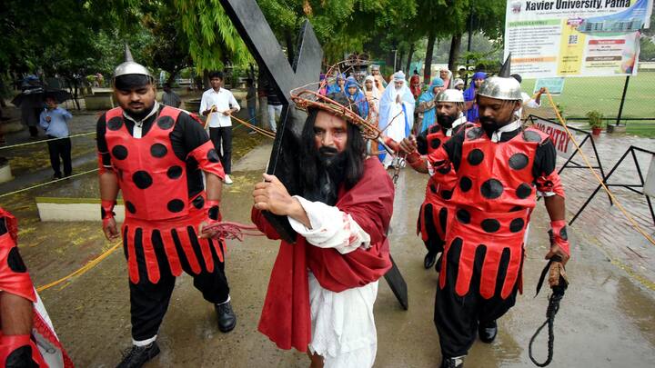 The Christian community is participating in street rallies and community gatherings while dressed as Mariam and Jesus Christ, focusing on spiritual reflection. In keeping with custom, penance, mourning, and meat abstinence are used to commemorate Good Friday. (Image Source: PTI)