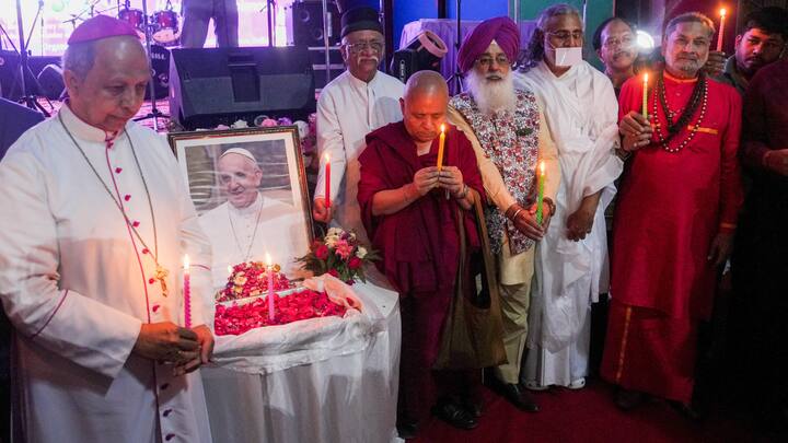 Archbishop Anil Joseph Thomas Couto mourns the Pope's death at a condolence meeting organized by CBCI and Delhi's Chavara Cultural Centre. (Image Source:PTI)