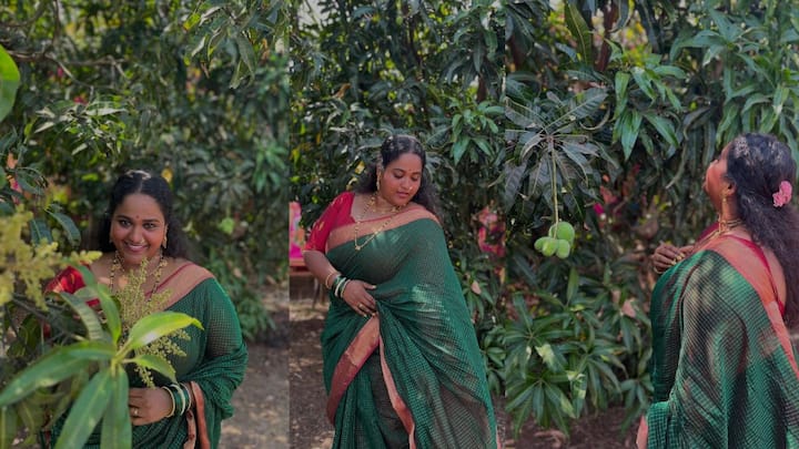 Vanita Kharat : वनिता खरात आंब्याच्या वनात, साडीमध्ये मराठमोळा लकू; शेअर केले खास फोटो