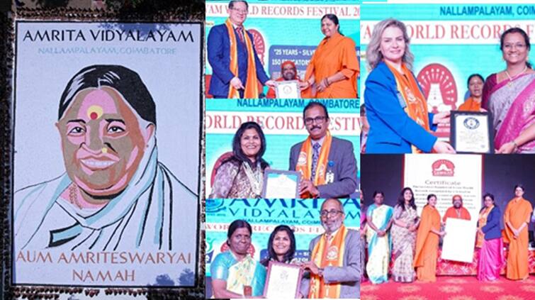 Amrita Vidyalayam Elite World Records Festival 2025 Largest Portrait 2598 students Worked 1.28 லட்சம் இதயங்கள்; உலக சாதனை படைத்த அமிர்த வித்யாலயா! எதற்கு தெரியுமா?