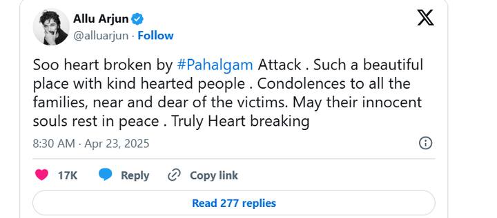 సుందరమైన పహల్గాంలో జరిగిన ఈ ఘటన నన్నెంతో కలిచివేసింది..నా గుండెముక్కలైందంటూ అల్లు అర్జున్ పోస్ట్ పెట్టాడు