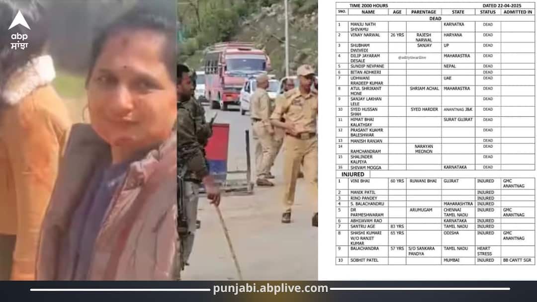 List of 16 Victims Killed in Pahalgam Terror Attack Released, Names of Injured Also Revealed Pahalgam Terror Attack: ਪਹਿਲਗਾਮ ਅੱਤਵਾਦੀ ਹਮਲੇ ‘ਚ ਮਾਰੇ ਗਏ 16 ਲੋਕਾਂ ਦੀ ਸੂਚੀ ਜਾਰੀ, ਜ਼ਖਮੀ ਹੋਏ ਲੋਕਾਂ ਦੇ ਨਾਂਅ  ਆਏ ਸਾਹਮਣੇ, ਦੇਸ਼ 'ਚ ਮੱਚੀ ਹਾਹਾਕਾਰ