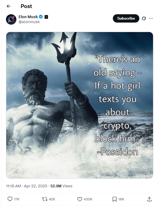 एलन मस्क ने मीम शेयर कर दी Crypto Scams से बचने की सलाह, कहा- 'हॉट लड़की मैसेज करे तो...