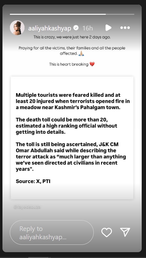 Pahalgam Terror Attack: पहलगाम में आतंकी हमले से दो दिन पहले वहीं थीं अनुराग कश्यप की बेटी आलिया, कहा-'ये दिल तोड़ने वाला है