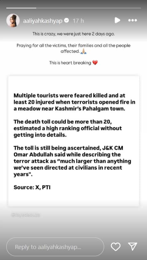 Aaliyah Kashyap And Ida Ali Express Shock And Grief Over Pahalgam Terror Attack: 'We Were Here 2 Days Ago