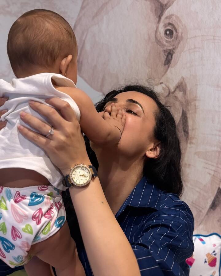 Sanaya is seen  playfully spending quality time with the little one.