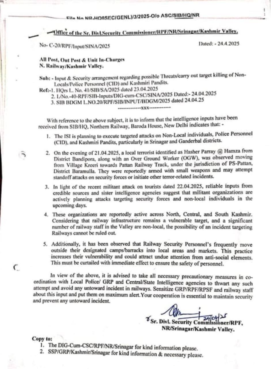 Kashmir On High Alert After RPF Warns Of ‘ISI Plan’ To Target Hindus, Non-Locals, Police, Railways